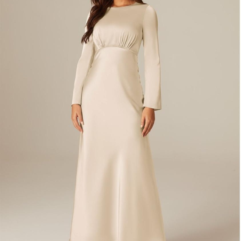 Cream Smocked Wedding Gown with Crew Neck